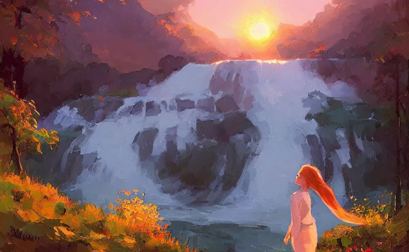 Image similar to waterfall sunset in heaven by atey ghailan and michael garmash