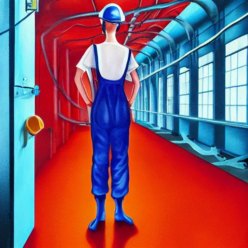 Prompt: a slender woman in a blue factory worker's overalls face looking down at the floor eyes sad tentacles instead of hands, the red glow of fire in the background, hyperrealistic painting, figurative art, poster art