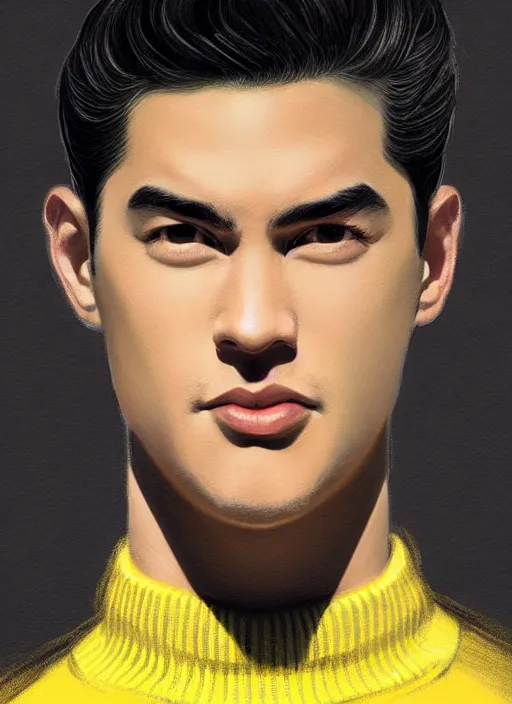 Image similar to portrait of young reggie mantle, mean smirk, egotistical, slicked back hair, striped yellow and black sweater, 1 9 5 0 s, intricate, elegant, glowing lights, highly detailed, digital painting, artstation, concept art, smooth, sharp focus, illustration, art by wlop, mars ravelo and greg rutkowski