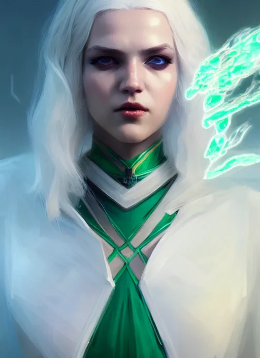 Prompt: a beautiful white - haired girl with emerald eyes dressed as a superhero, pyromancer, intricate, elegant, highly detailed, digital painting, artstation, concept art, smooth, sharp focus, illustration, ethereal, misty, by ilya kuvshinov and jeremy mann, 8 k, octane render