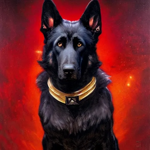 Prompt: a portrait of a black german shepard dogman canine star trek captain red shirt. highly detailed painting by gaston bussiere, craig mullins, j. c. leyendecker, furry
