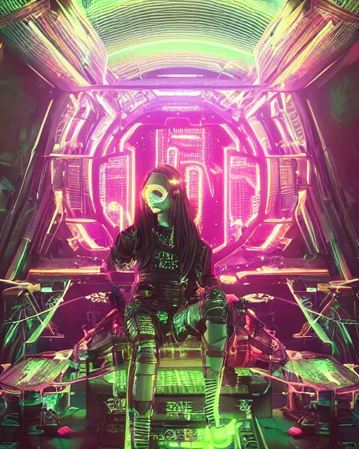 Prompt: grimes [ 3 d render, made of wires and metallic material ]!! sitting in a [ cyberpunk club ]!!, [ 4 k digital art ]!!, neon atmosphere, volumetric lighting, bioluminescent coloring, afrofuturism, illustrated by greg rutkowski and rajmund kanelba, cgsociety contest winner, intricate