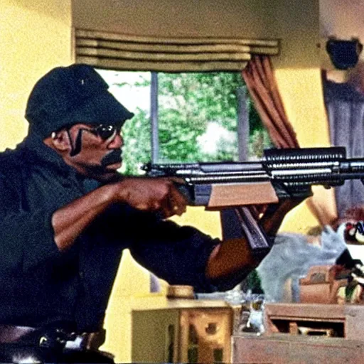 Image similar to a still of the cat shooting a m 6 0 machine gun from the buddy cop movie beverly hills cat 2, with eddie murphy