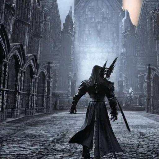 Prompt: confused Alucard wandering in Anor Londo