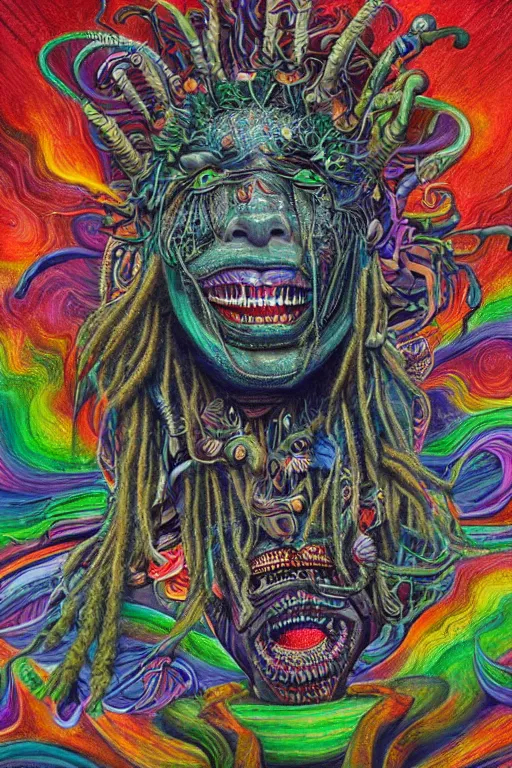 Image similar to a high detailed hyper detailed painting of a spiritual monster with dreadlocks and several eyes, pointy teeth and colorful skin with scales and strange textures, surreal psychedelic cosmic horror