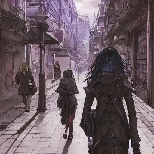 Prompt: goth woman walking on the street, color page, tankoban, 4 k, tone mapping, akihiko yoshida, james jean andrei riabovitchev marc simonetti, yoshitaka amano, long hair, curly, h. hydrochaeri