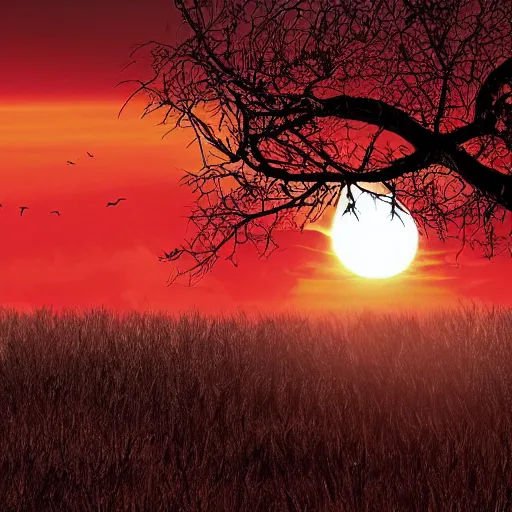 Prompt: red sun over the paradise when the wind is slow and the fire is hot the vulture waits to see what rots