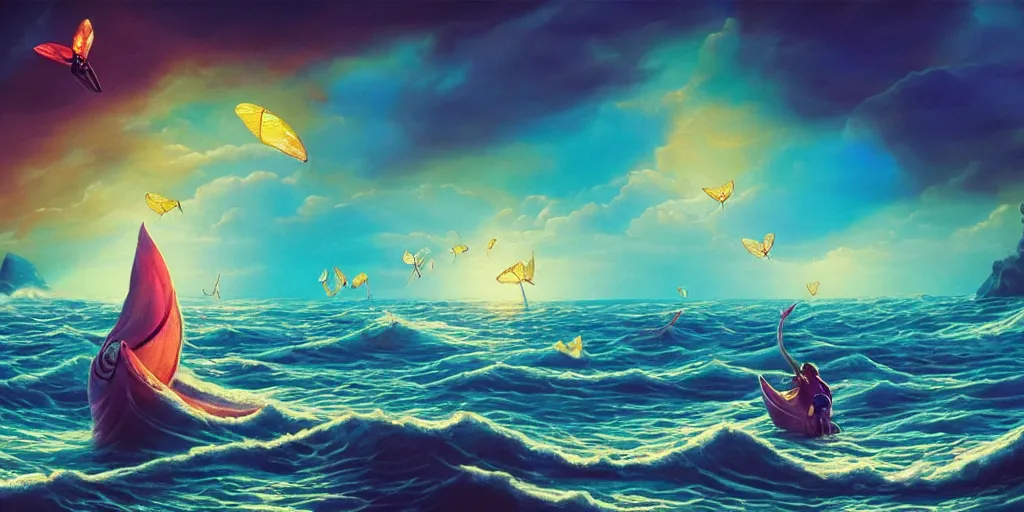 Image similar to If our moths where filled of praise like the sea, and our tongues joy like it’s manny waves we could never reach Your praise, surrealism, musical notes, beautiful sea landscapes, Very colorful painting 8k trending on art station, Intricate details, very realistic, cinematic lighting, volumetric lighting,
