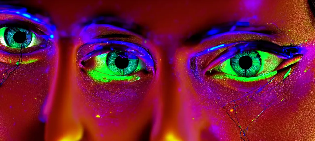 Image similar to beauty, three eyed humanoids, close ups, vivid colors, thin wires, beautiful lighting