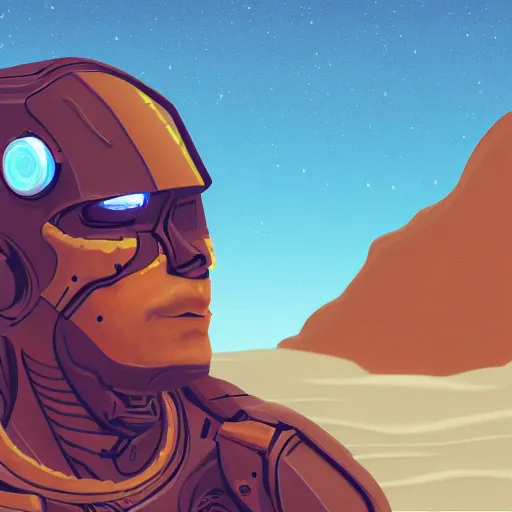 Prompt: cyborg in the desert, digital art