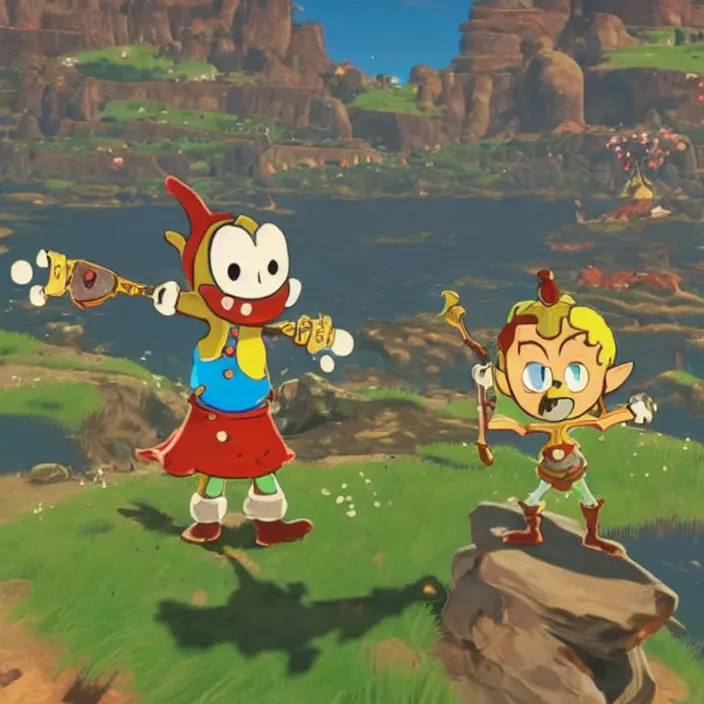 Prompt: Cuphead in The Legend of Zelda Breath of the Wild, detailed screenshot