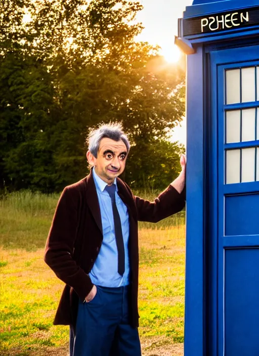 Image similar to dslr photo portrait still of mr bean as doctor who in front of the tardis at sunset, 8 k, 8 5 mm f 1. 4