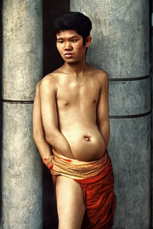 Prompt: Full-length portrait of a handsome young pregnant male on the streets of Bangkok, historically reliable photo chronicle, 1975, ultra detailed digital art, octane render, 4K, by John William Waterhouse and Edwin Longsden Long and Theodore Ralli and Nasreddine Dinet