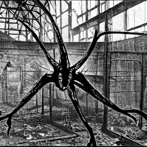 Prompt: 1860 photo of an ancient fractal 8 leg demon on an abandoned factory on the middle of a forest, spooky