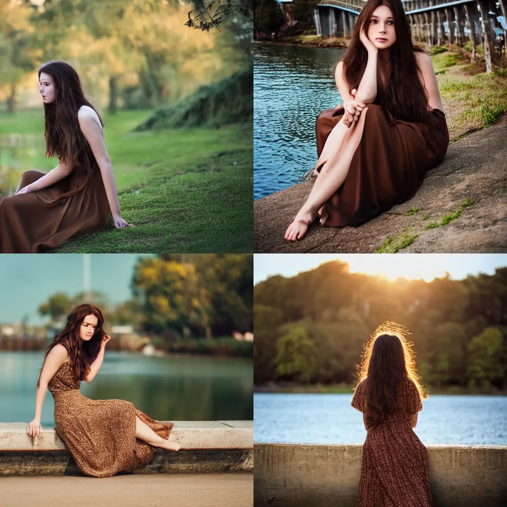 Prompt: Full body photo of a pretty woman with long brown hair, wearing a long dress, sitting at the waterside, looking at the camera, highly detailed, sharp focus, cinematic lighting, beautiful, gorgeous, HD, 8K, award winning photography