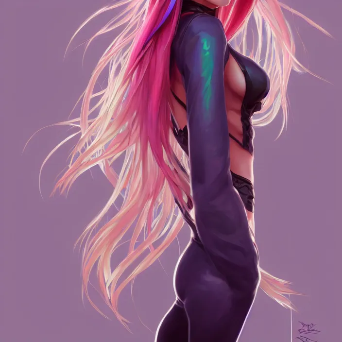 Image similar to full body portrait, a beautiful symmetrical gorgeous anime girl, rainbow hair, attractive, casual, modern, victoria's secret, highly detailed, digital painting, artstation, concept art, smooth, sharp focus, illustration, art by artgerm, greg rutkowski and alphonse mucha, 8 k,