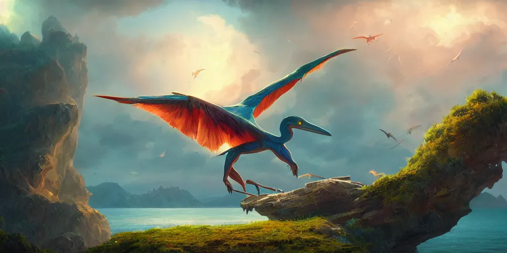 Image similar to ultra realistic colorful pterodactylus beautiful dreamy landscape, dream, colors, highly detailed, artgerm style, clear, ocatne render, artstation trend, epic art style, greg rutkowski, cinematic, concept art, 8 k hd