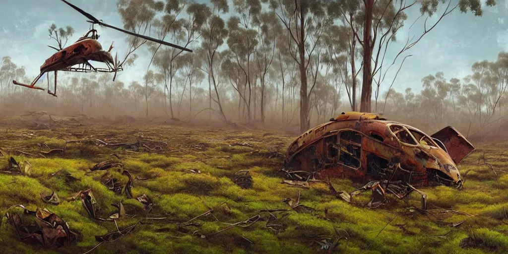 Prompt: hyper realistic painting of an australian landscape an abandoned crashed rusted helicopter is half buried under the ground covered with moss. by _ simonstalenhag