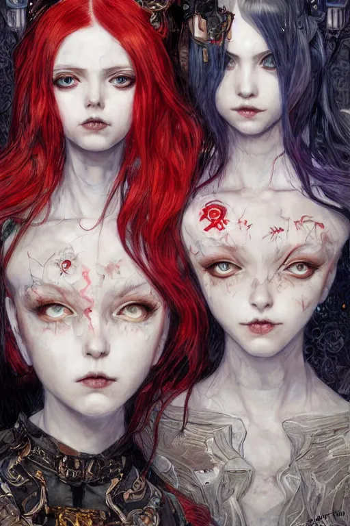 Image similar to portrait of two cute beautiful young goth maidens, red hairs and white hairs, cyberpunk, Warhammer 40000, gothic, highly detailed, artstation, illustration, art by Gustav Klimt and Range Murata