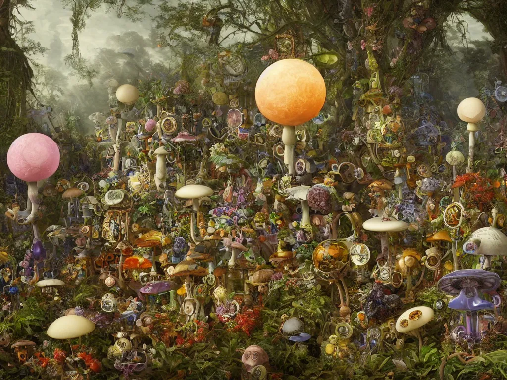 Image similar to victorian robots and mushrooms growing in a spheroid forest, 3d render, nightlight Study, by Jan Davidsz de Heem and Lisa Frank, Art Nouveau, 8k, extreme detail, sharp focus, cinema 4d render