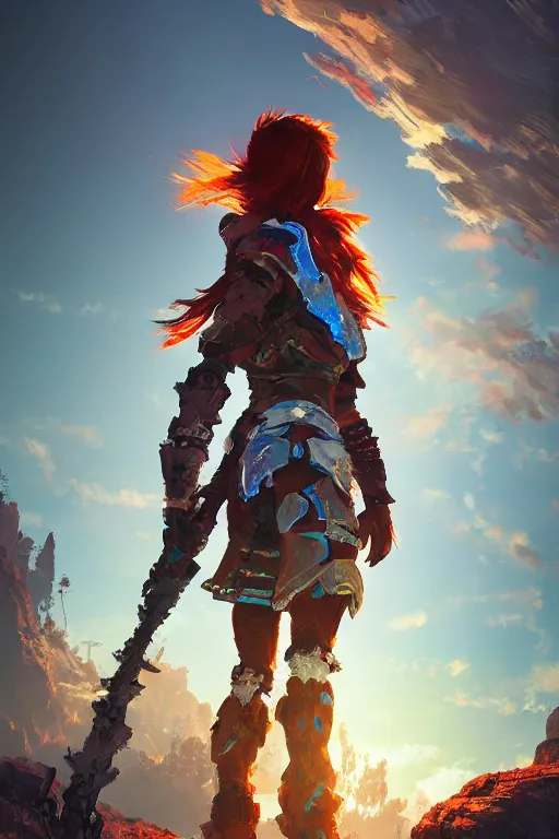 Image similar to combination suit armor aloy horizon forbidden west horizon zero dawn radiating a glowing aura global illumination ray tracing hdr fanart arstation by ian pesty and alena aenami artworks in 4 k tribal robot ninja mask helmet backpack