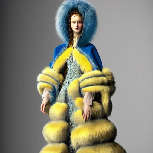 Image similar to a show design by leonardo davinci design by balenciaga ,fur, blue and yellow,pastel colours , hyperrealistic, highly detailed, fashion design,baroque,matte painting, concept art, hdri, 4k