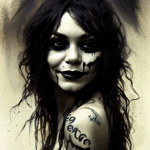 Image similar to beautiful portrait of vanessa hudgens as death from sandman, smiling, by cedric peyravernay, alphonse mucha, by jeremy mann, by lecouffe deharme, goth chic, soft lightning, eyeliner, punk rock, high detailed, 8 k