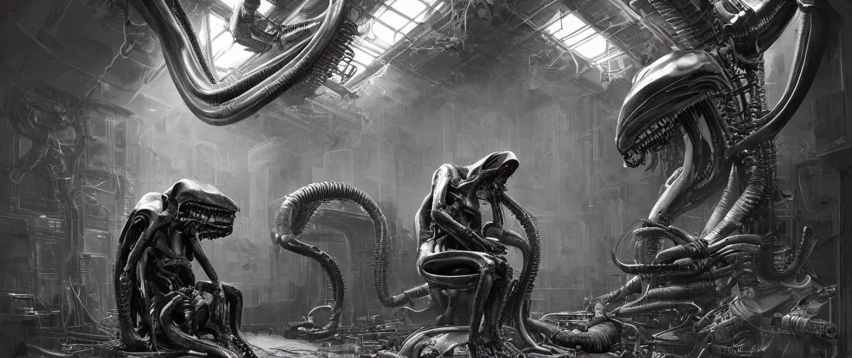 Image similar to duotone noir hyperreal concept illustration of black xenomorph alien machinery engineer sitting in chair by hr giger. cosmic horror atmosphere. accidental renaissance composition. cinematic volumentric lighting. by sachin teng and sergey kolesov and ruan jia and heng z. graffiti art, scifi, fantasy, hyper detailed. octane render. trending on artstation