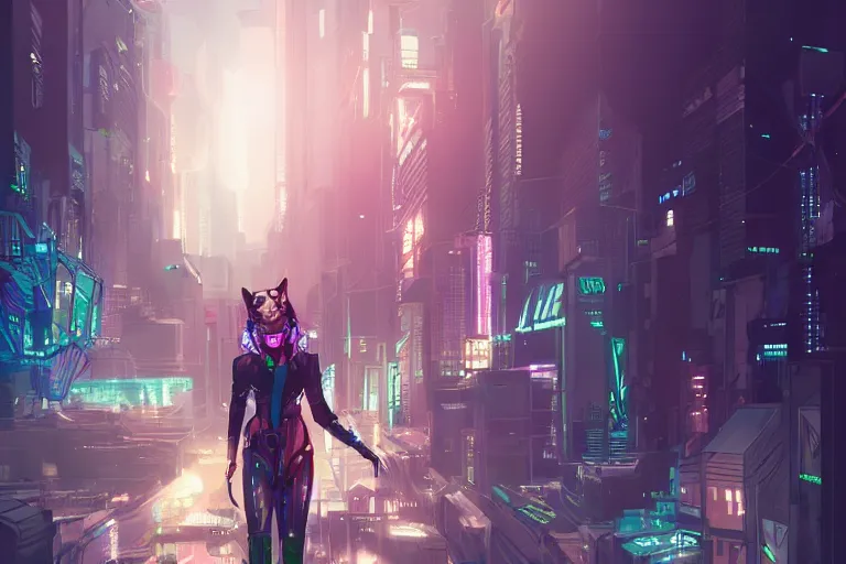 Prompt: a transhuman fox in a cyberpunk city, trending on artstation, by kawacy, neon backlighting