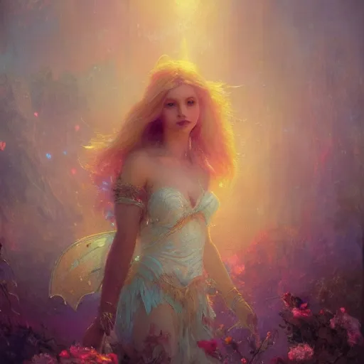 Prompt: Fairy Princess illustrated by Gaston Bussiere and Greg Rutkowski, gloomy and neon lighting, bloom effect, soft focus, volumetric lighting, 4k, 8k, intricate, detailed, trending on artstation, artstationHQ, artstationHD, artstation digital artwork.