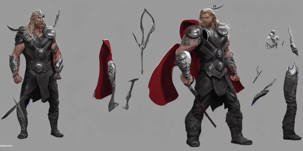 Image similar to cartoonish thor paying the rent, character sheet, fine details, concept design, contrast, kim jung gi, greg rutkowski, trending on artstation, 8 k, full body, turnaround, front view, back view, ultra wide angle