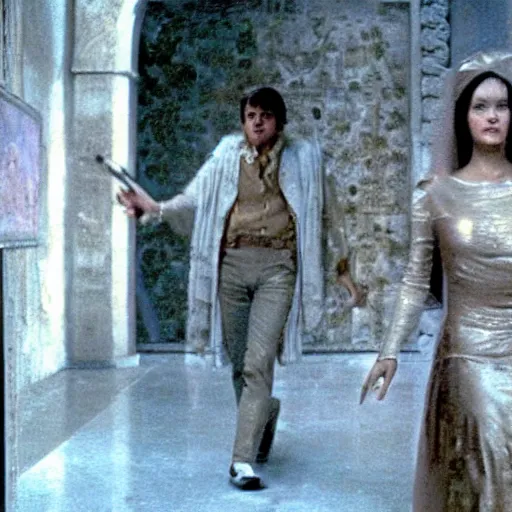 Prompt: a scene from the movie la felicita ( 1 9 7 1 ) by luchino visconti with mastroianni and claudia cardinale walking in a scifi cyberpunk!!!! futurist city reminiscent of the ( ( ( ideal city by piero della francesca. technicolor ) ) ), cinematic, 5 0 mm, highly detailed