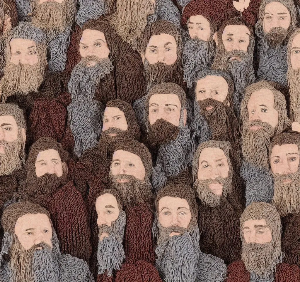 Prompt: some people that i had read about had knitted all of their beards together, a macrame homage to a better life, a tapestry depicting human failure, in real time and in three or four dimensions. they had been put in prison after they had knitted themselves to a shoplifter in solidarity