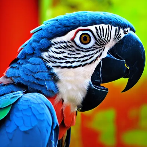 Prompt: Falcon and macaw parrot hybrid animal, realistic photo, taken in zoo,