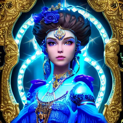 Prompt: photo of princess of sapphire with fair skin, she has her eyes closed, glowing, ornate and intricate blue jewelry, jaw dropping beauty, glowing background lighting, blue accent lighting, hyper detailed, award winning photography, 4 k octane render