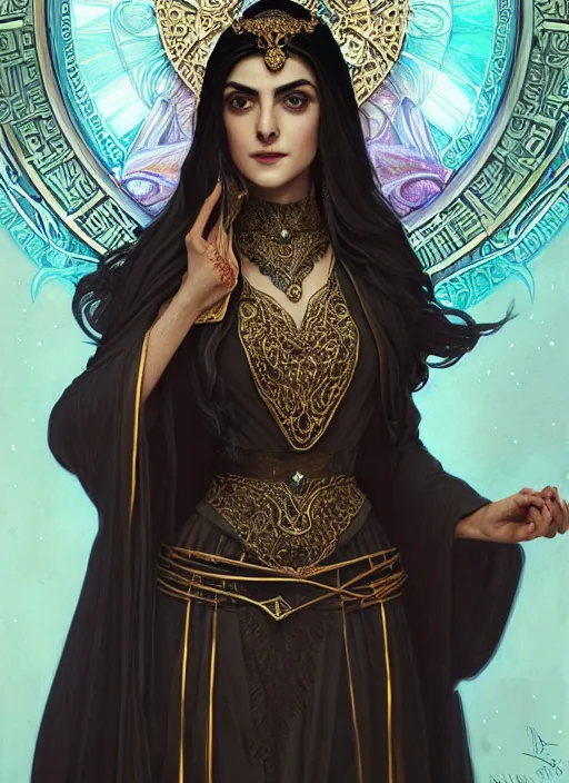 Image similar to centered portrait, Maya Ali as a D&D sorcerer, black hair, intricate robes, Art Nouveau, beautiful retro Fantasy heroine 1985, intricate, elegant, highly detailed, centered, digital painting, trending on artstation, concept art, smooth, sharp focus, illustration, art by raphael lacoste, eddie mendoza, Mucha, alex ross, WLOP