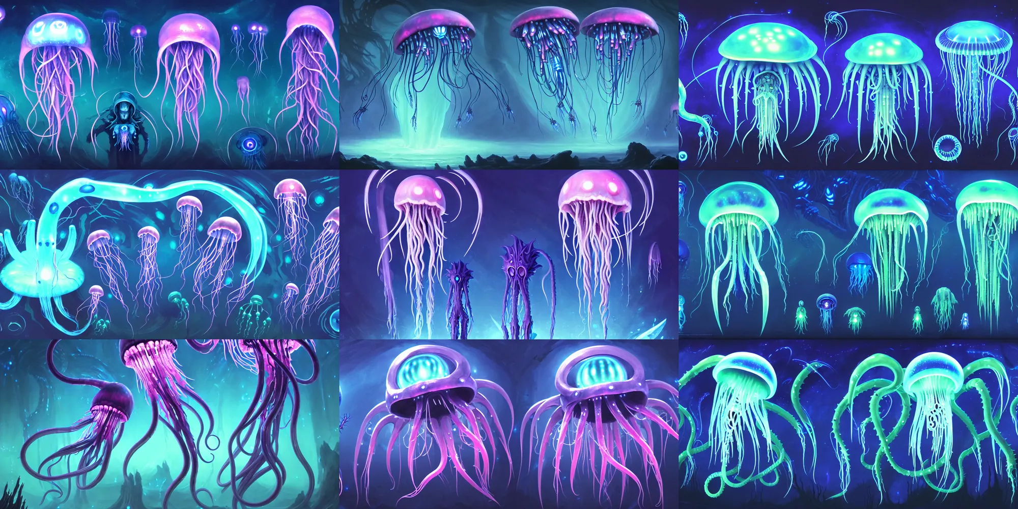 Prompt: game asset, occult, scifi ori alien game assets concept props, bioluminescence jellyfish with long tenticles and fins, ghibli style, h. r giger, in gouache detailed paintings, props, stylized, 2 d sprites, kitbash, nature, organic, ivy, arcane, overwatch, blue and pink color scheme, 8 k, close up