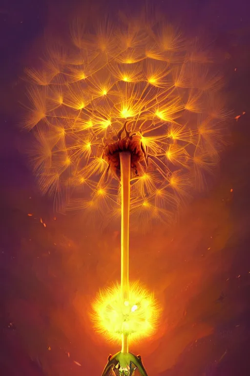 Image similar to a glowing humanoid figure dandelion monster with large glowing eyes, surrounded by orange aura, highly detailed, digital art, sharp focus, trending on art station, artichoke, anime art style