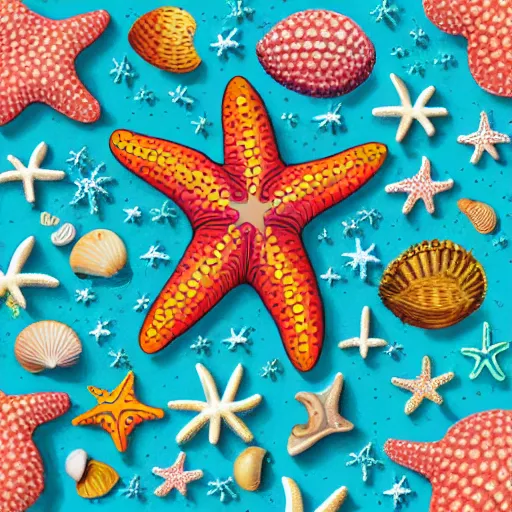 Prompt: illustration of a cyborg starfish, laying on the ocean ground, overgrown by flowers and beautiful shells. hd matte paper background.