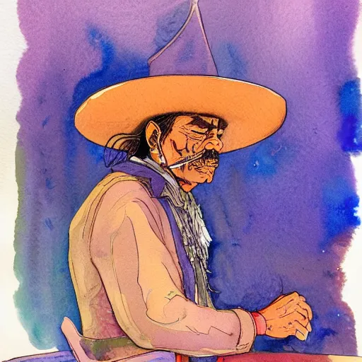 Image similar to a 3 / 4 view watercolor ink painting of an man sits and upper him old mexican magician closes his eyes, in the style of jean giraud in the style of moebius trending on artstation deviantart pinterest detailed realistic hd 8 k high resolution