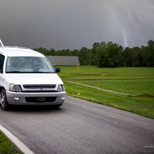 Prompt: white minivan driving away from a tornado, 4k, realism