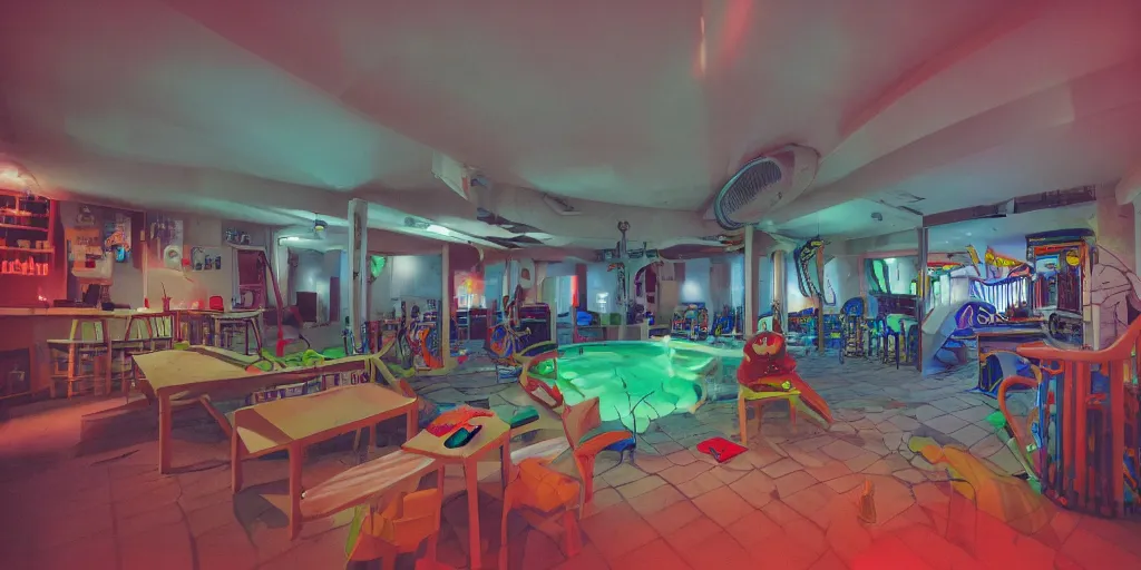 Prompt: a weird modern place, house, playground, office, pool, bar, pub, interior, room with eerie feeling, disposable colored camera, camera flash, unusual place, unsettling, kids place, night scene