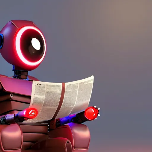 Prompt: futuristic studious matte brown and red full-body humanoid robot with two huge round expressive sad purple glowing LED eyes and open rectangular mouth sitting on a large comfortable cushioned 1950s vintage recliner reading a newspaper. open newspaper. Cinematic Movie Photograph, Arri Alexa, Extremely Detailed, smooth, very very clean, 8K, octane render, maya render, unreal engine, trending on artstation, DSLR, excellent composition, center frame