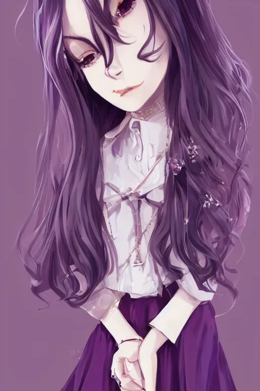 Image similar to urban school vampire girl in fancy clothes fanart, dark purple long hair, muted colors, matte print, pastel colors, ornate, digital art, cute smile, digital painting, fan art, elegant, pixiv, by Ilya Kuvshinov, by Studio Ghibli