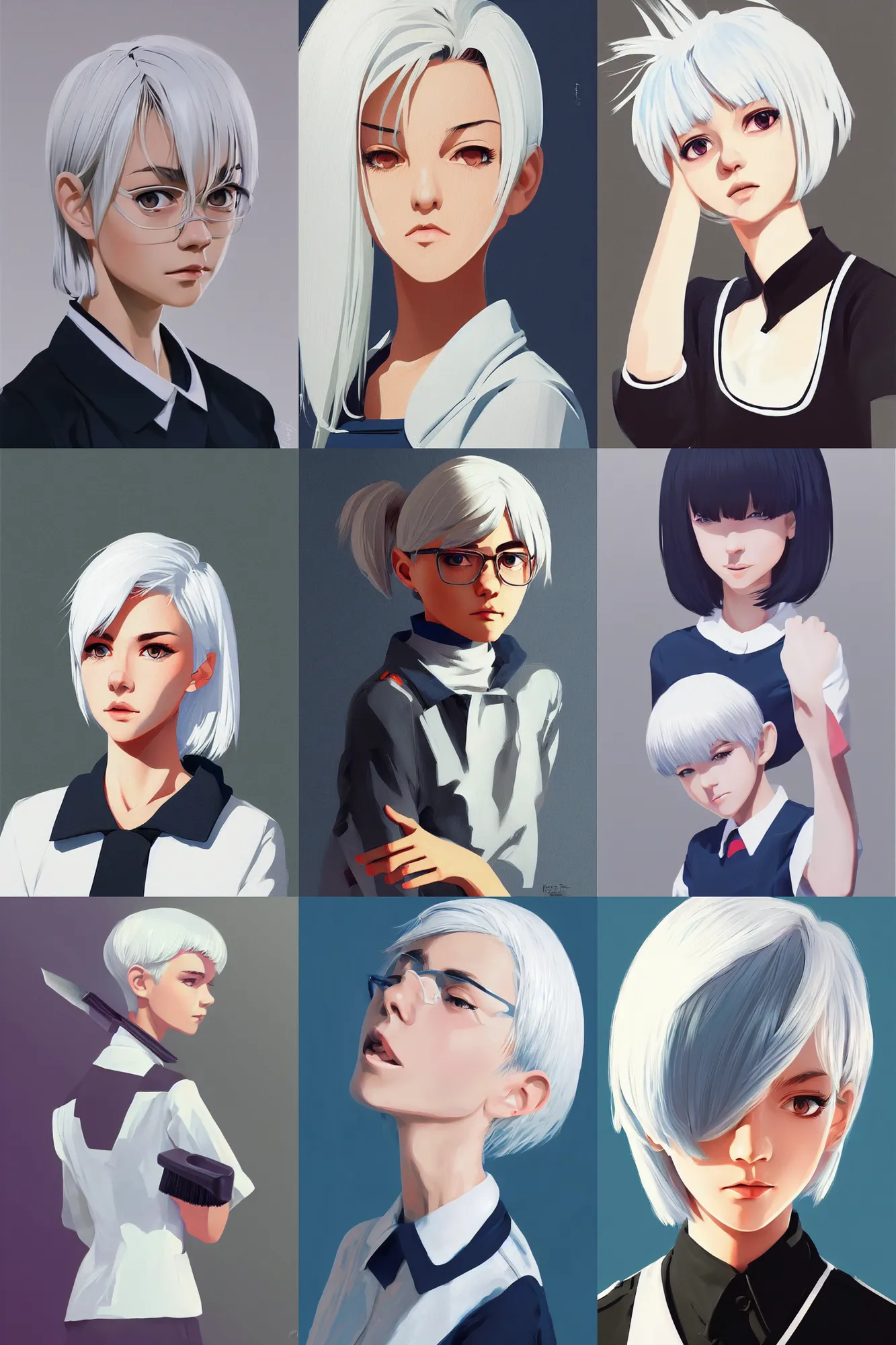 Prompt: a cute girl with cut to shoulder white hair wearing school uniform, strong brush stroke, sharp focus, illustration, morandi color scheme, art station, by ilya kuvshinov