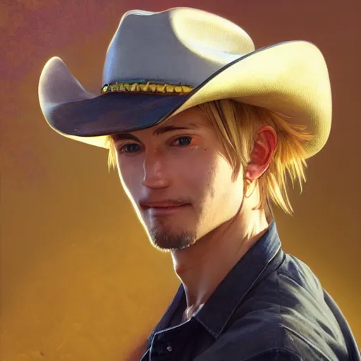 Prompt: highly detailed vfx portrait of a blond mid - section young man with cowboy hat by eiichiro oda, makoto shinkai, alphonse mucha, sharp focus, art by artgerm and greg rutkowski!, backlit, harsh overhead sunlight, detailed,