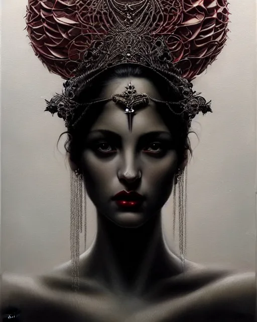 Image similar to portrait of a goddess, great enigmatic beauty, dominant shades of black, silver, dark red, white, head in focus, beautiful ornamental aesthetics, intricate, elegant, highly detailed, hyperrealistiic painting, artstation, concept art, painterly, sharp focus, illustration, art by karol bak