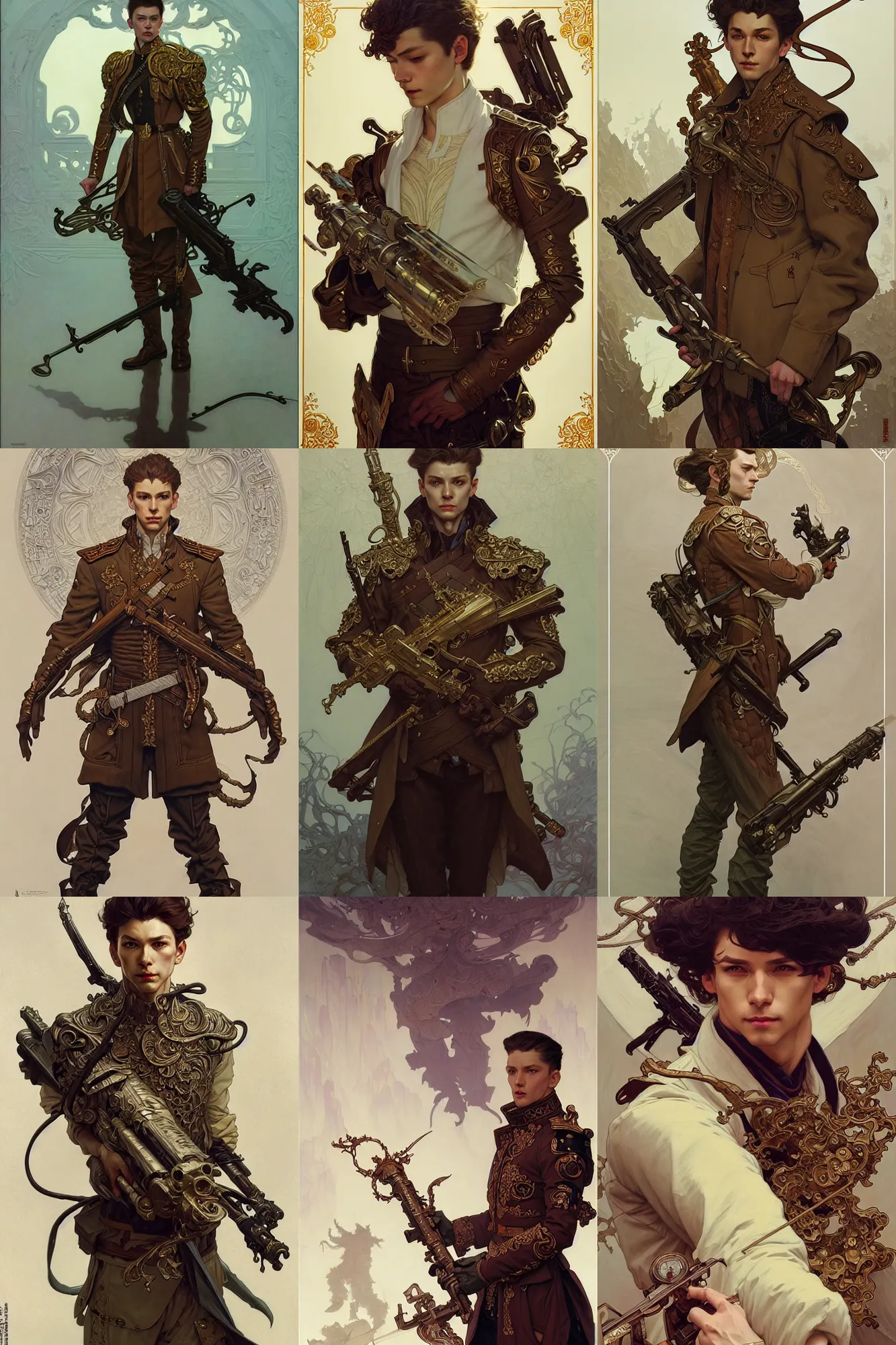 Prompt: young male guard, white russian clothes, fantasy, highly detailed, intricate, smooth, art by joseph leyendecker, peter mohrbacher, ruan jia, marc simonetti, ayami kojima, cedric peyravernay, alphonse mucha, victo ngai