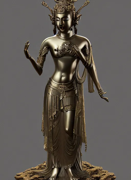 Image similar to a art deco sculpture statue of full body guanyin, intricate complexity,, statue by jane hamilton, ruan jia, character concept, radiant light,, frostbite 3 engine, cryengine, dof, trending on artstation, digital art, fantasy detailed abackground