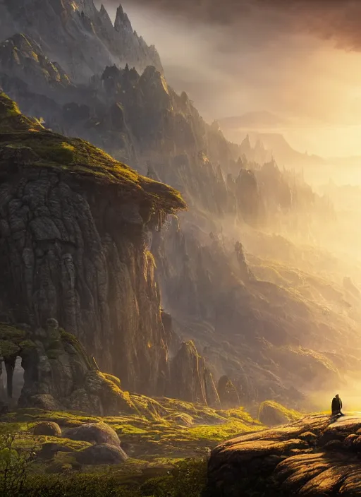 Image similar to a cosmic monk in lord of the rings scenery landscape, looking out at a gigantic temple made of alien architecture, lush valley, sunrise, god's rays, highly detailed, vivid color, cinematic lighting, perfect composition, 8 k, gustave dore, derek zabrocki, greg rutkowski, belsinski, octane render